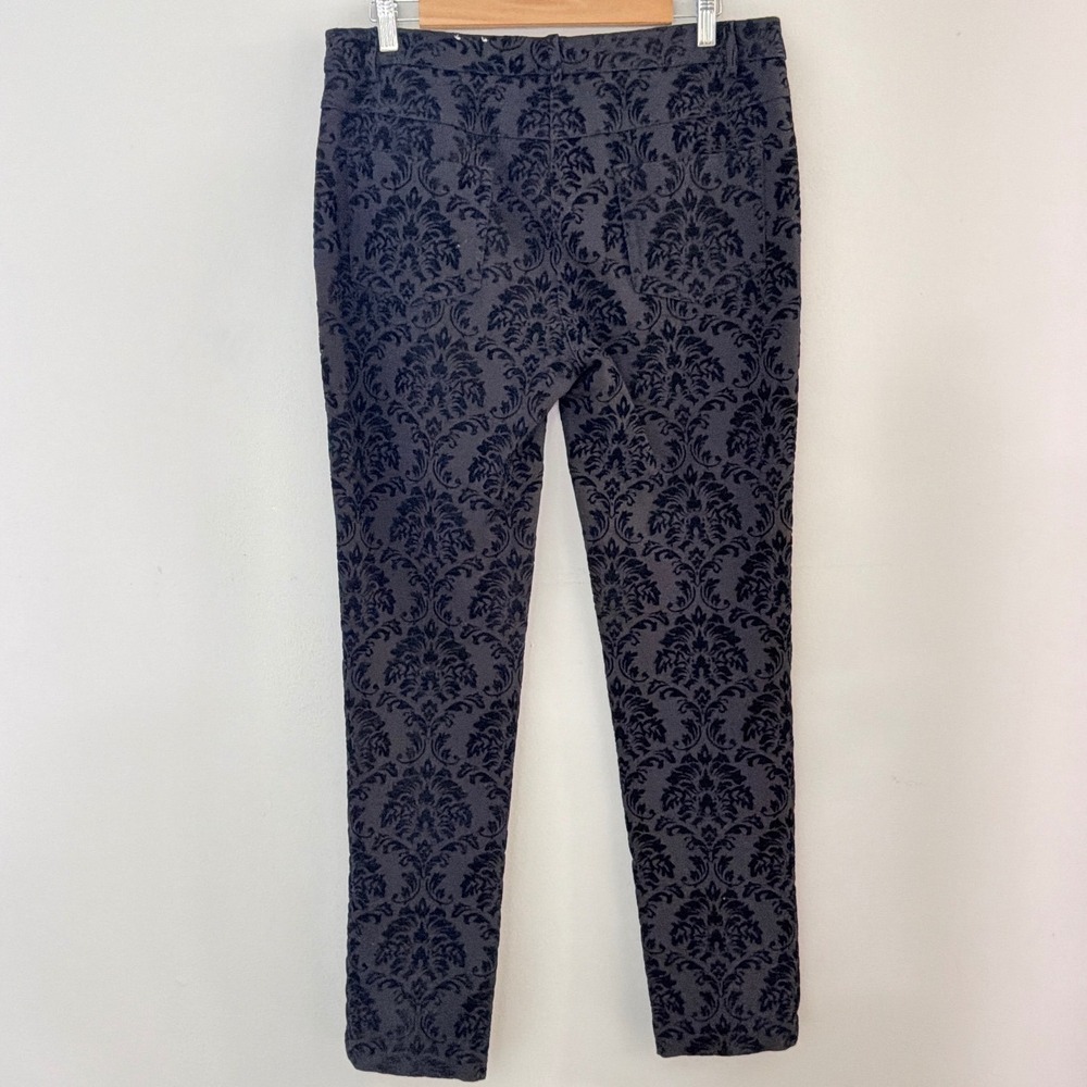 J.McLaughlin Women Sz 8 Damask Flocked Velvet Slim Leg Pants Black Stretch‎